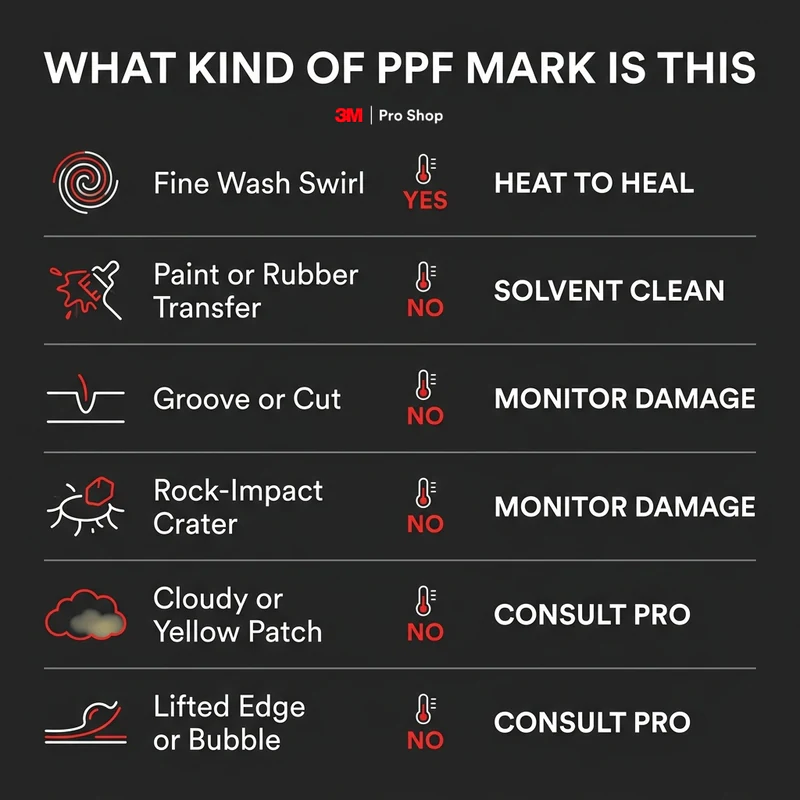 PPF scratch diagnosis infographic comparing healable surface marks with cuts, stains, and lifted edges.