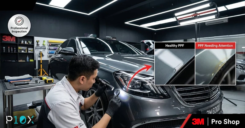 PPF maintenance Malaysia showing professional technician inspecting Paint Protection Film for signs of lifting, staining, or contamination