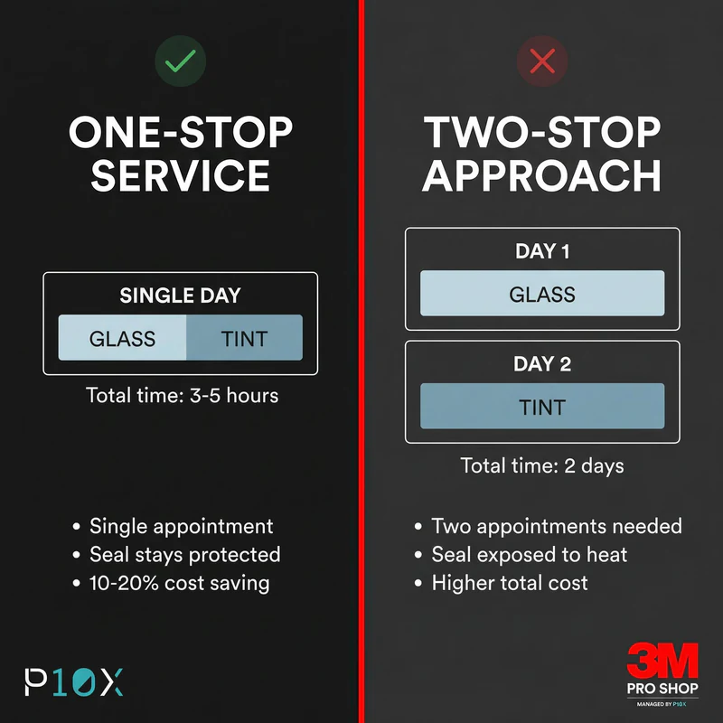 Windscreen replacement tinting one stop vs two stop comparison showing time and cost savings with single-visit service