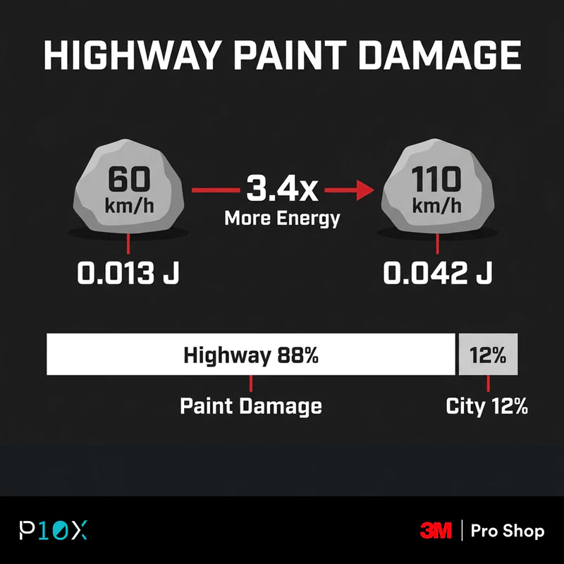Infographic showing 88 percent of BMW iX3 paint chip impact energy arriving during highway driving.