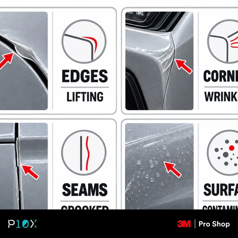 Four areas to inspect for bad PPF workmanship: edges, corners, seams and surface.