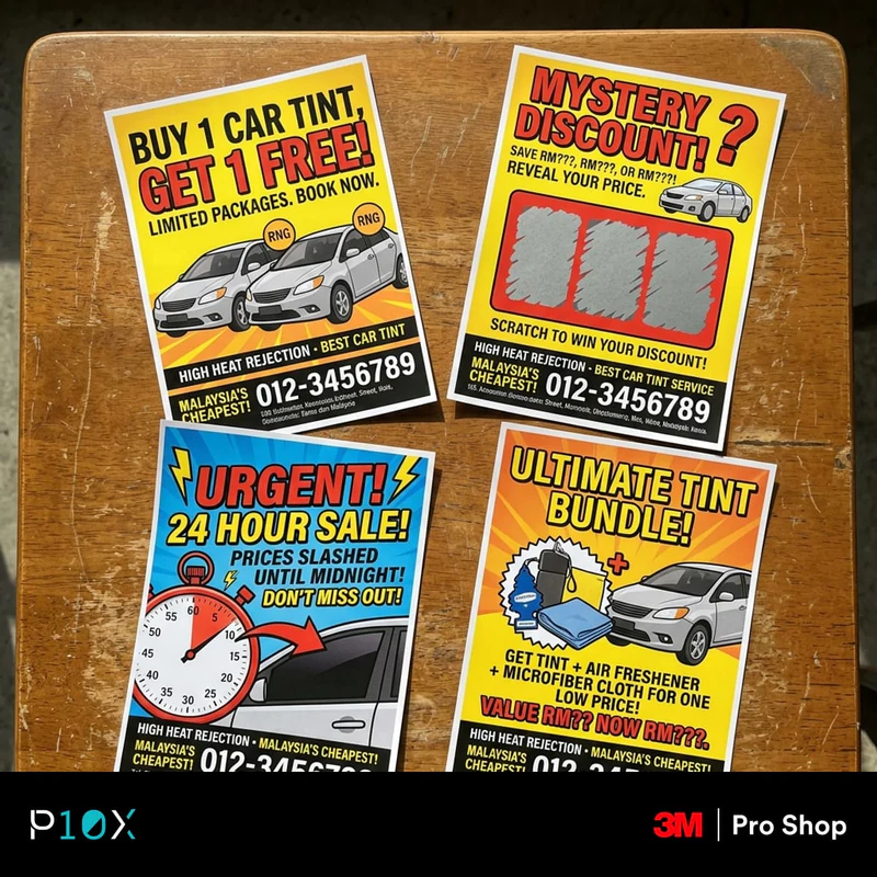 Table of four cheap car tint promo tactics in Malaysia and how to spot each one