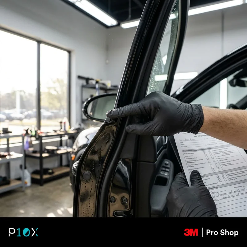 Steps of a 3M Pro Shop pre-installation car inspection from wash to written report