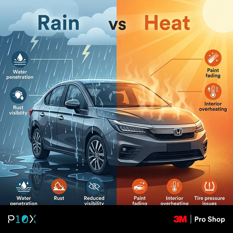 Car care tips Malaysia infographic showing how rain and heat affect a car
