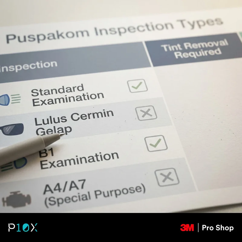Table of Puspakom inspection types and whether tint removal is needed for each