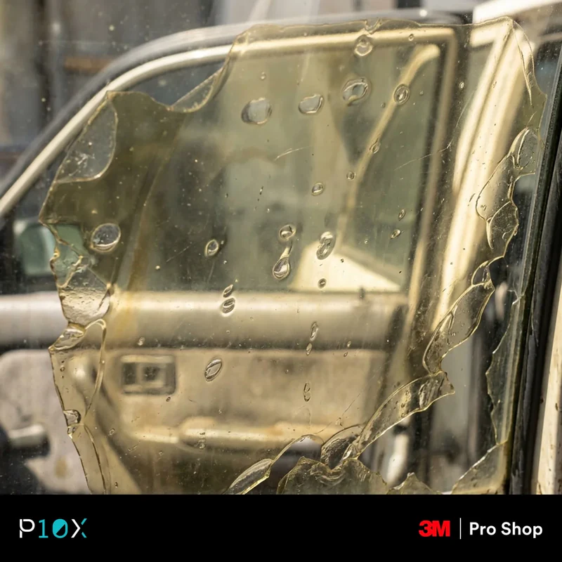 Warning signs of failing tint and PPF such as lifting edges, bubbles and yellowing