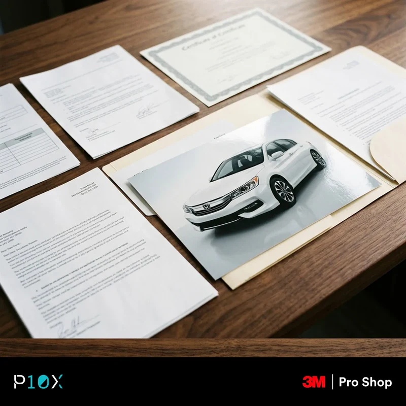 Day-one documentation pack of invoice, photos, certificate, batch number, and e-warranty to protect a car warranty
