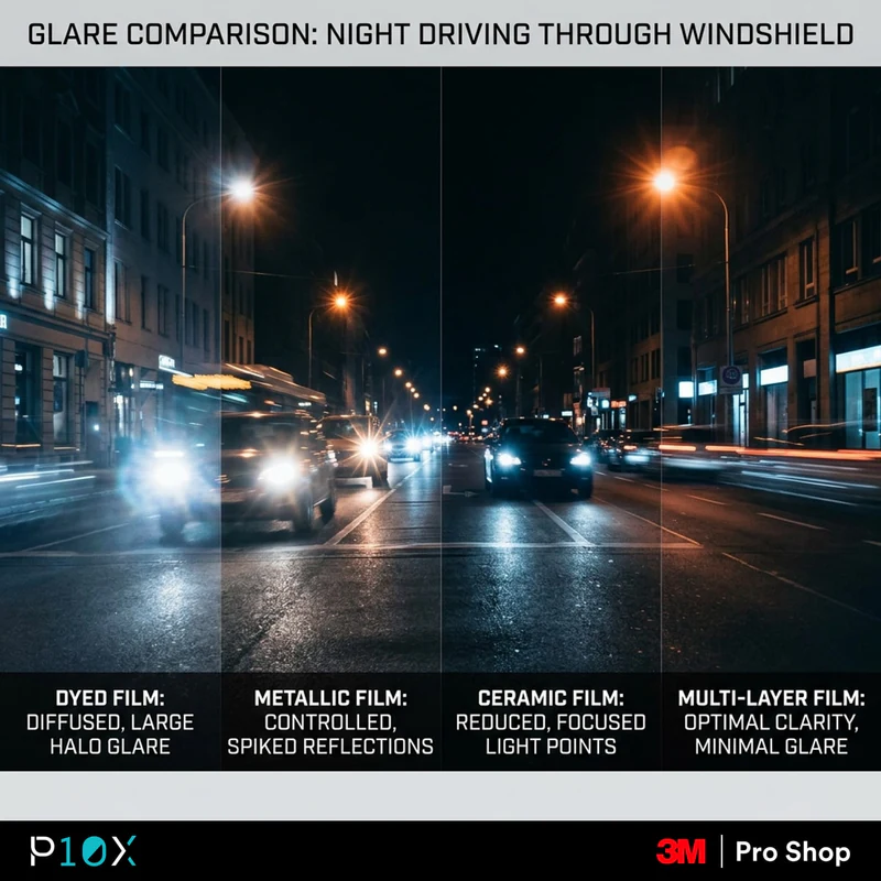 Window tint night driving glare comparison across dyed, metallic, ceramic, and multi-layer film technologies