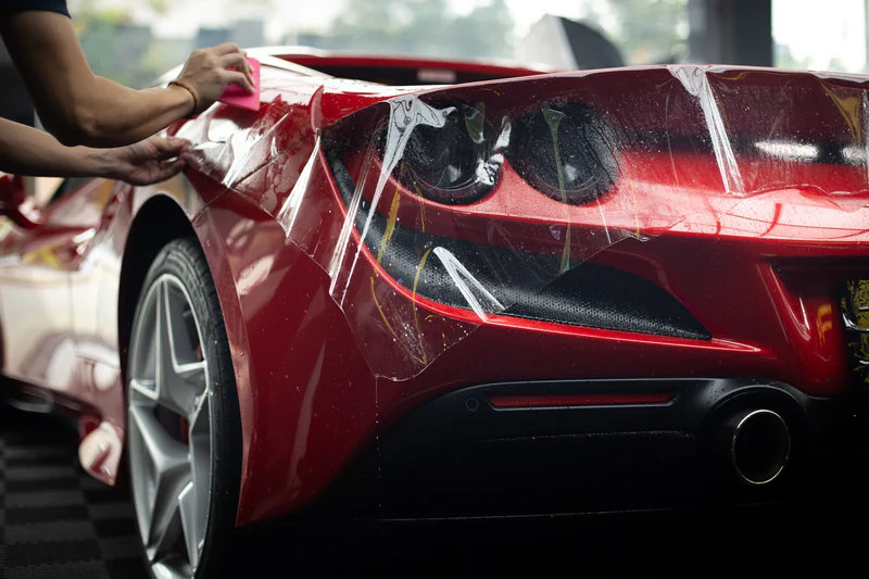 Close-up of a person applying clear protective film on the rear side of a red sports car.