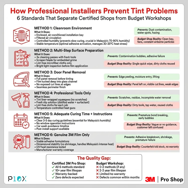 Professional installer prevention methods showing 6 standards certified 3M Pro Shops use to prevent car tint bubbles, dust and peeling in Malaysia