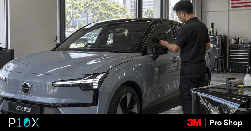 A technician checks Volvo EX30 window tint with a VLT meter inside a professional installation bay.