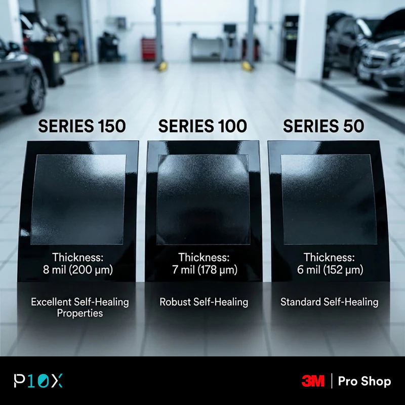 Comparison table of 3M PPF Series 150, 100 and 50 thickness, self-healing and warranty.