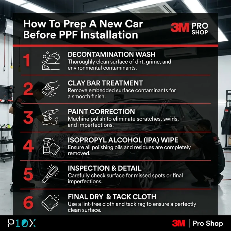 Six-step pre-PPF prep sequence for a new car in Malaysia, from foam wash to IPA wipe-down