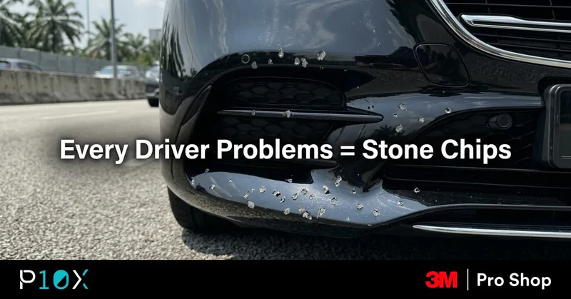 KL highway stone chips on a luxury sedan front bumper on a Klang Valley expressway.