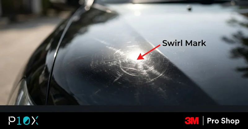 New car swirl marks under direct light on a glossy black bonnet in Malaysia