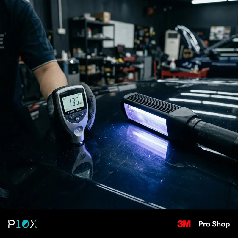 Tools used to check paint before PPF in Malaysia, including a paint depth gauge and UV lamp.