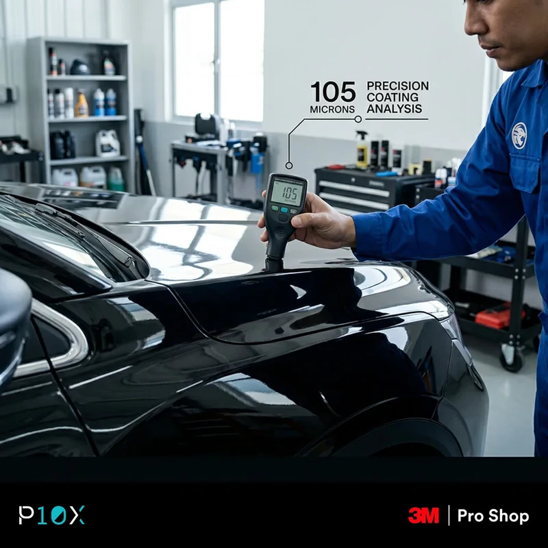 Technician taking paint depth gauge readings during a 3M Pro Shop pre-installation car inspection
