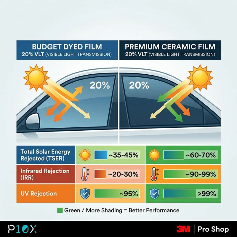 Retint car windows Malaysia comparison chart showing TSER, IRR, and UV rejection differences between budget dyed film and premium ceramic film at VLT 20 percent
