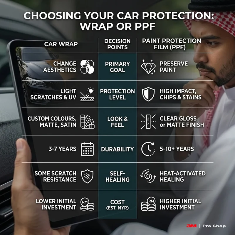 Car wrap vs PPF decision matrix helping Malaysian drivers choose by goal