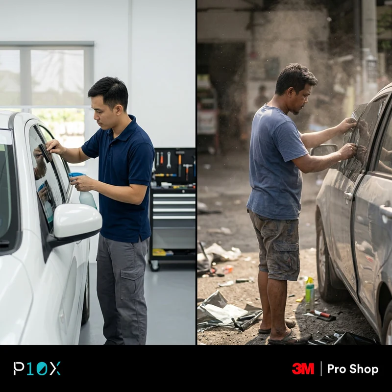 A roadside workshop in Malaysia with high humidity and dust affecting a car window tint installation.