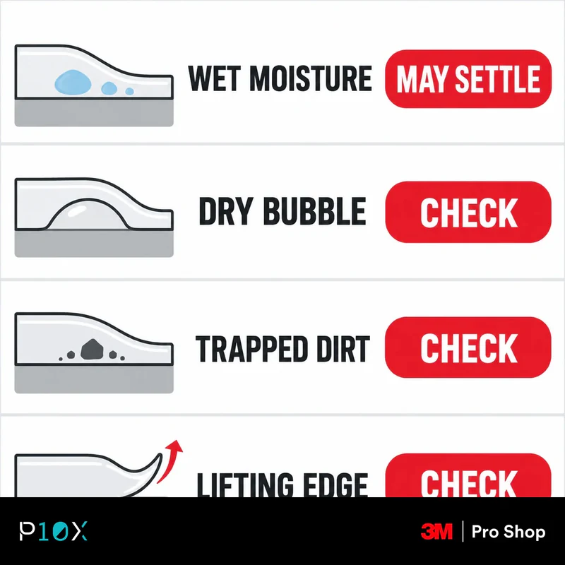 Wet PPF moisture may settle; dry bubbles, trapped dirt and lifting edges need a check.