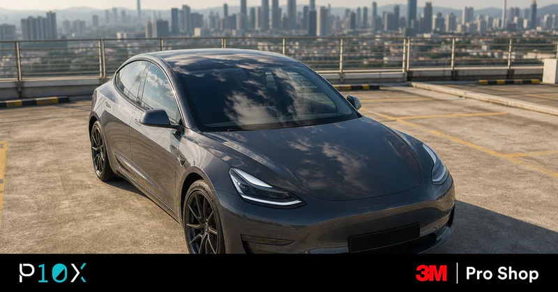 Tesla Model 3 parked on an open mall carpark deck in Malaysia, panoramic glass roof reflecting afternoon sun.