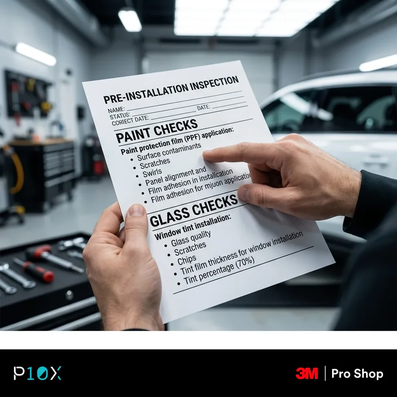 Owner checklist comparing paint checks and glass checks before tint or PPF