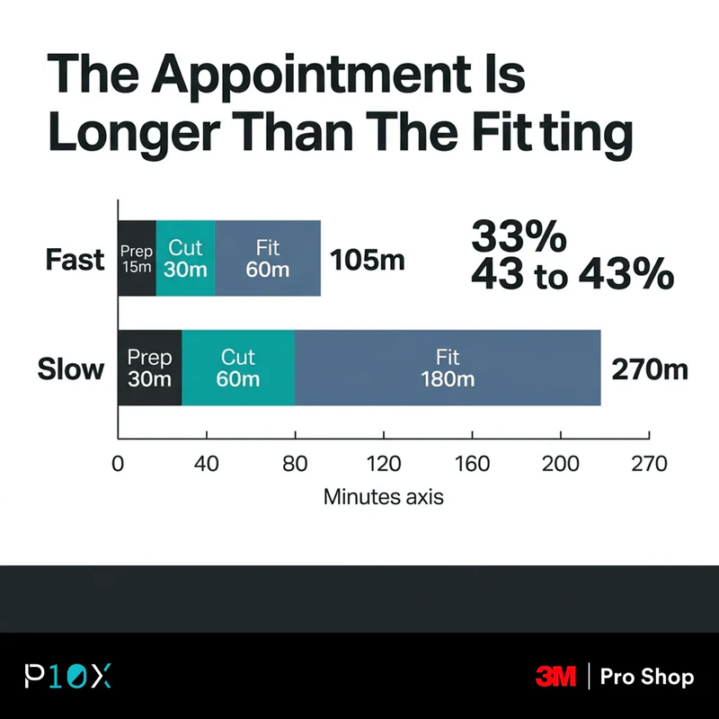 How long window tint takes to install broken into prep, cutting and fitting, showing a 105 to 270 minute appointment.
