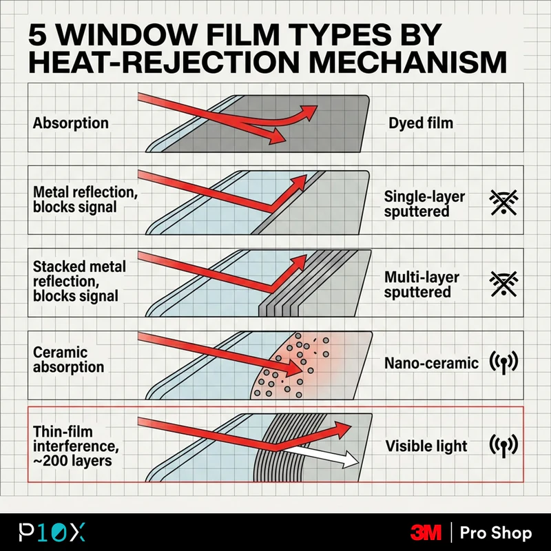 How 3M Crystalline works compared with other films, a diagram of five window film types by heat-rejection mechanism.