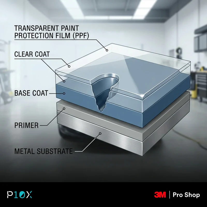 Cross-section showing why to check paint before PPF in Malaysia, with a chip sealed under clear film.