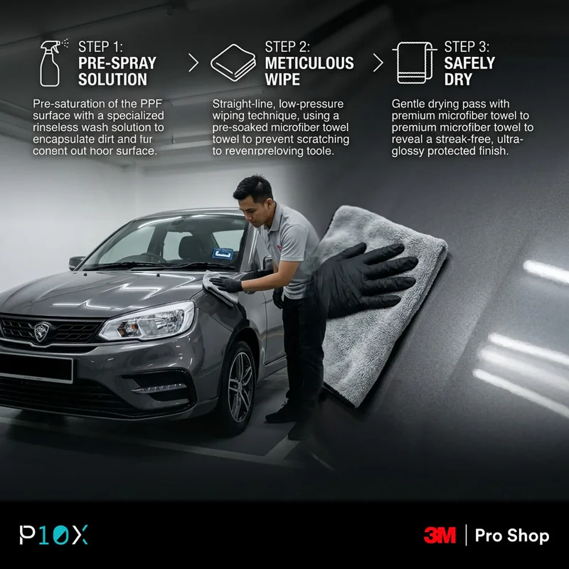 Step by step rinseless wash flow for a PPF car in a condo