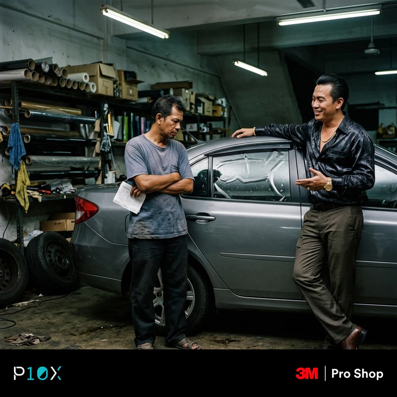 The four budget car tint promo tactics used in Malaysia shown around a car in a tint shop