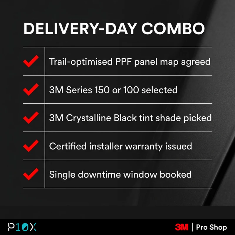 iCaur 03 PPF and 3M Crystalline Black tint delivery-day combo checklist with five items for Malaysian owners.