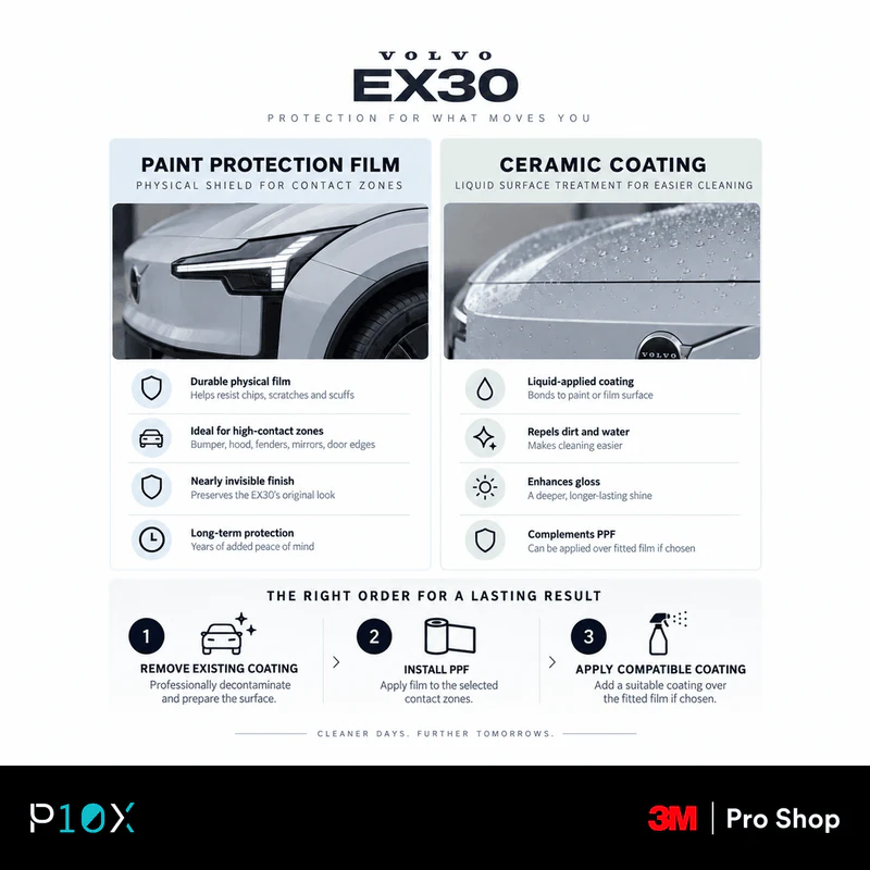 Volvo EX30 comparison of PPF and ceramic coating roles with the correct preparation order.