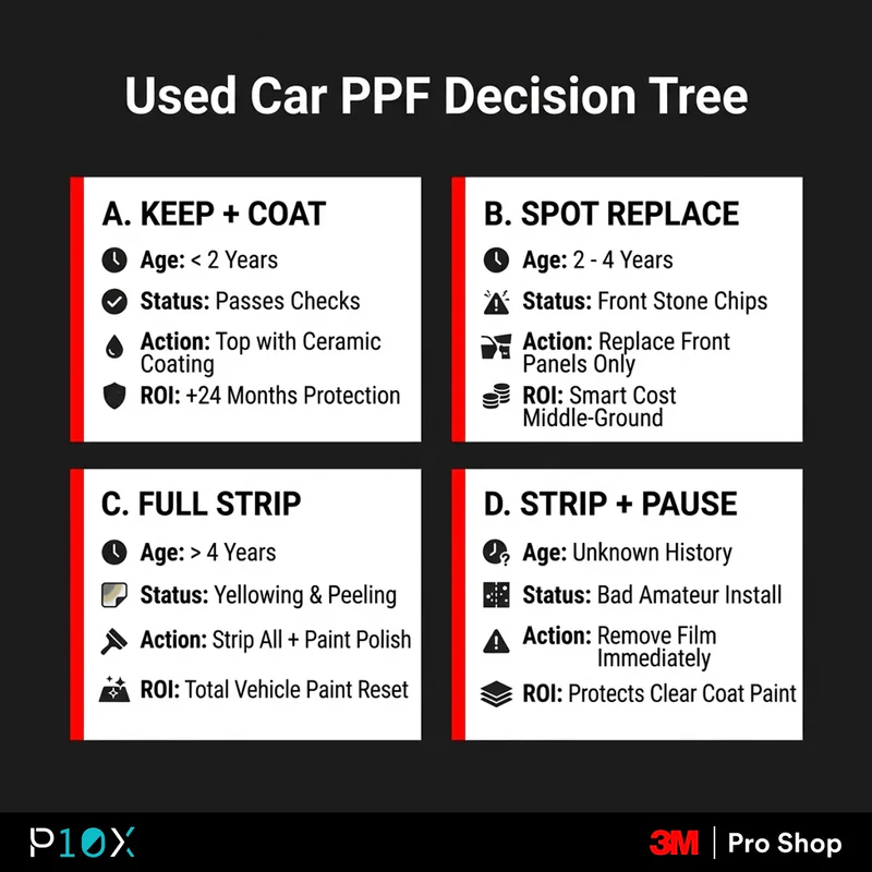 Used car PPF Malaysia decision tree flow showing four outcomes: keep and coat, spot replace, full strip and re-PPF, or strip and pause.