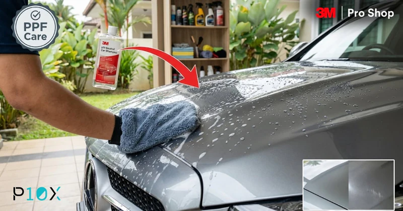 PPF aftercare service Malaysia showing proper hand washing technique with pH-neutral products on 3M Paint Protection Film