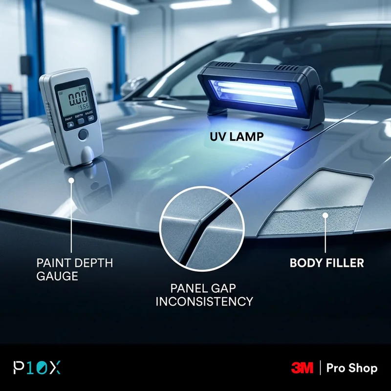Four methods to detect a hidden respray before PPF, gauge, UV lamp, panel gaps and filler