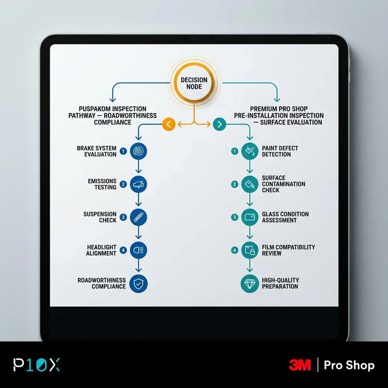 Decision flow showing when you need a Puspakom inspection versus a 3M Pro Shop pre-installation inspection