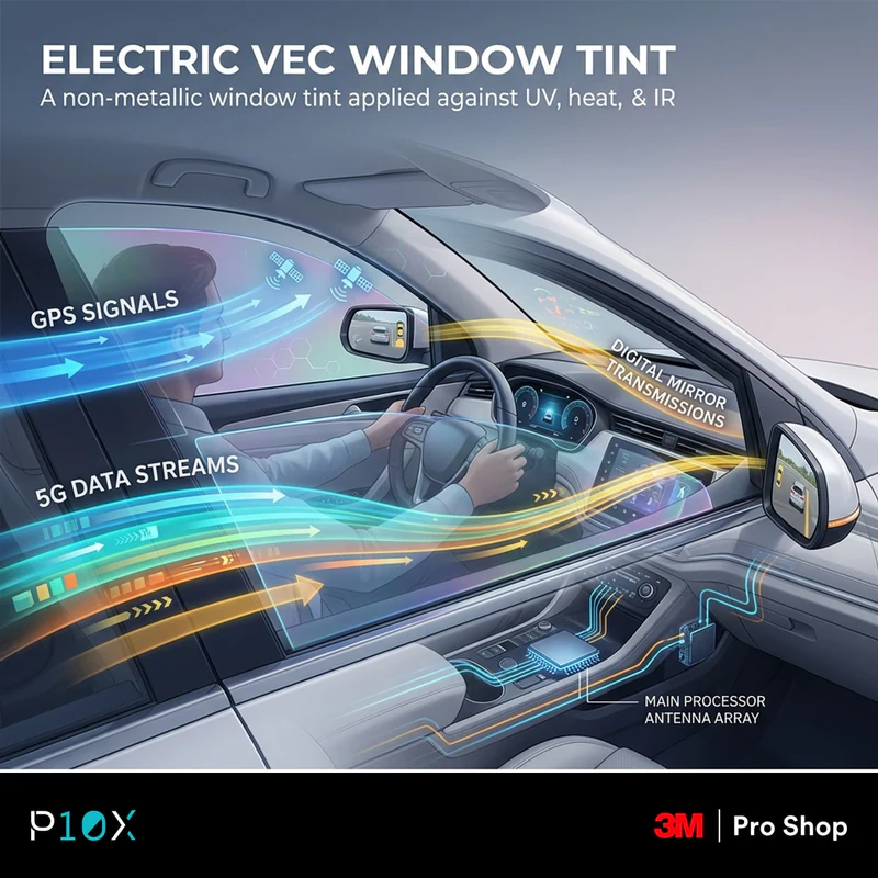 Diagram of GPS, 5G and digital mirror signals passing through non-metallic 3M window tint in an EV cabin.