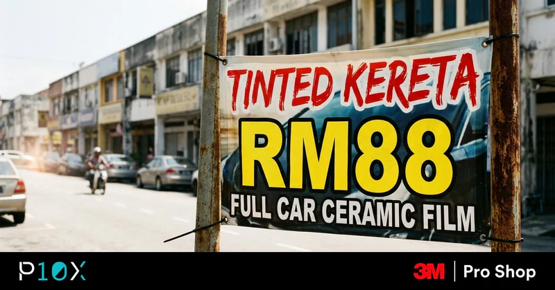 RM88 car tint promo banner with a voucher and fine print showing if cheap car tint is worth it in Malaysia