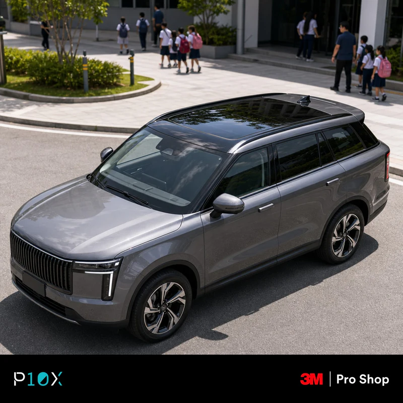 A Jaecoo J5 parked in Kuala Lumpur under the intense midday sun, focusing on its large panoramic glass roof.
