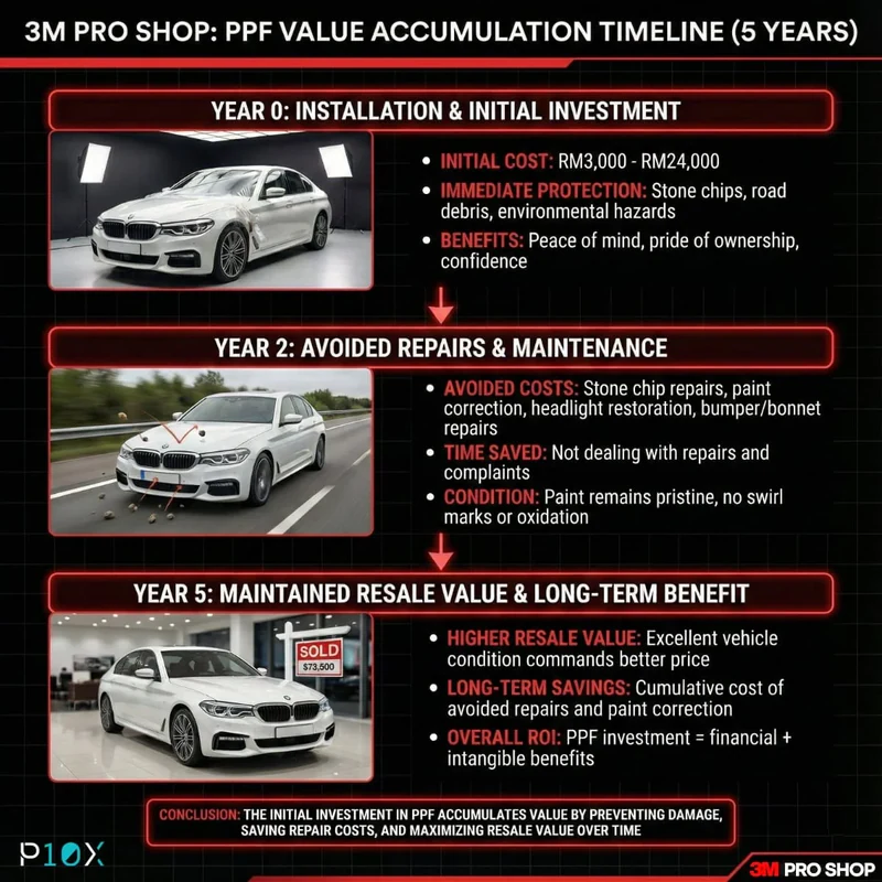 Paint protection film investment timeline showing ROI accumulation for Malaysian car owners over 5 years