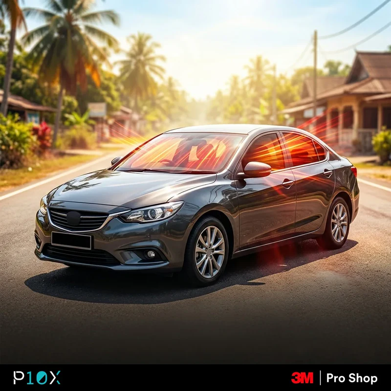 Car still hot after tint diagram showing heat entry points through windshield and windows on a sedan in Malaysia