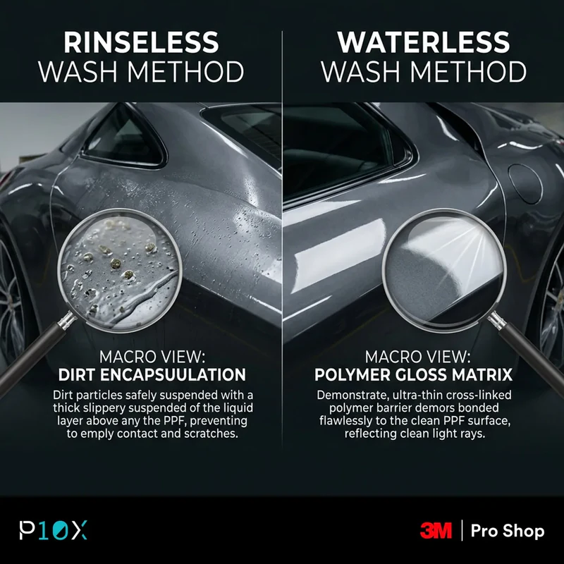 Rinseless versus waterless wash comparison for a PPF car in a condo