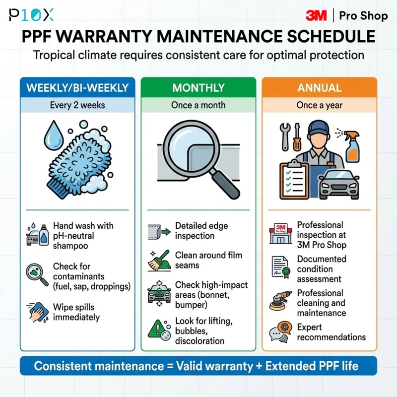PPF warranty Malaysia maintenance schedule showing weekly washing, monthly inspections, and annual professional check-ups for warranty protection