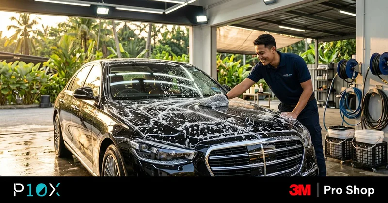 Quality car wash near me Malaysia hand washing a car with foam