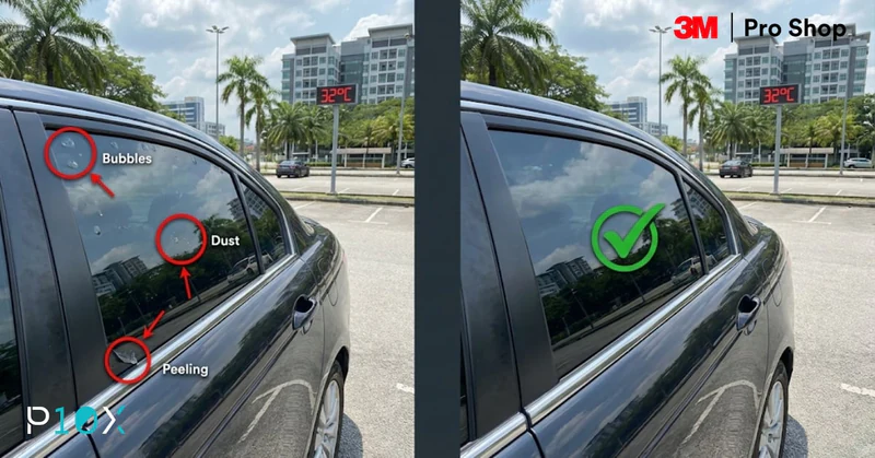 Car tint bubbles comparison showing common window tint problems versus professional 3M installation in Malaysia