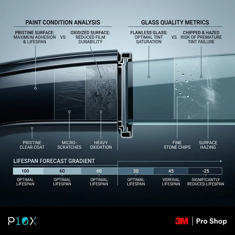 Diagram showing how paint and glass condition affect tint and PPF lifespan