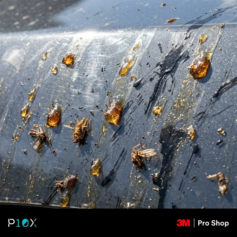 Where tree sap, tar, and bugs land on PPF panels on a car