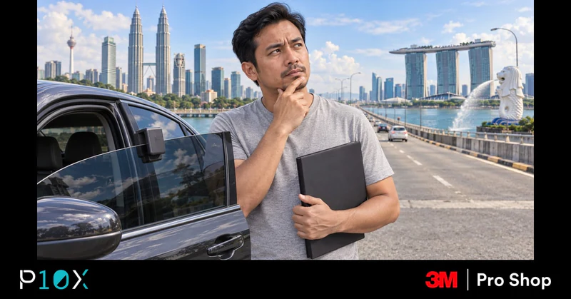 Technician checking a sedan’s front side-window VLT in a workshop while its owner holds a travel-document folder before a Singapore trip